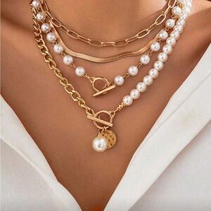 Elegant Gold and Pearl Layered Necklace Set